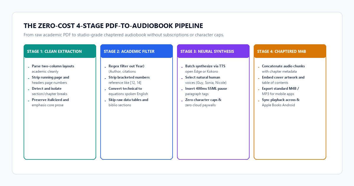 The Zero-Cost 4-Stage PDF-to-Audiobook Pipeline