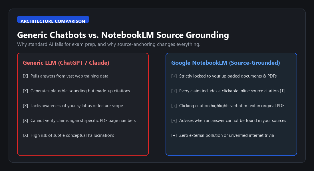 Comparison between generic chatbots and Google NotebookLM source grounding architecture