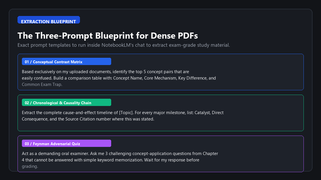 Three prompt blueprints for extracting study materials from dense PDFs