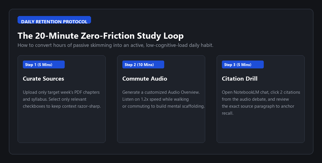 20-minute zero-friction daily study loop diagram